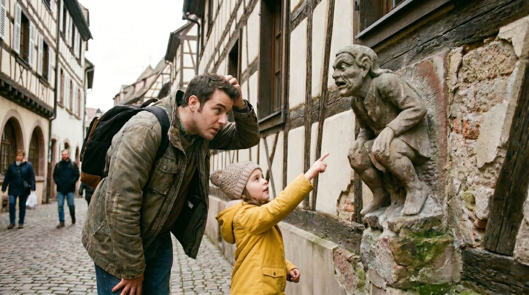 Visiteurs decouvrant une sculpture dans une rue ancienne