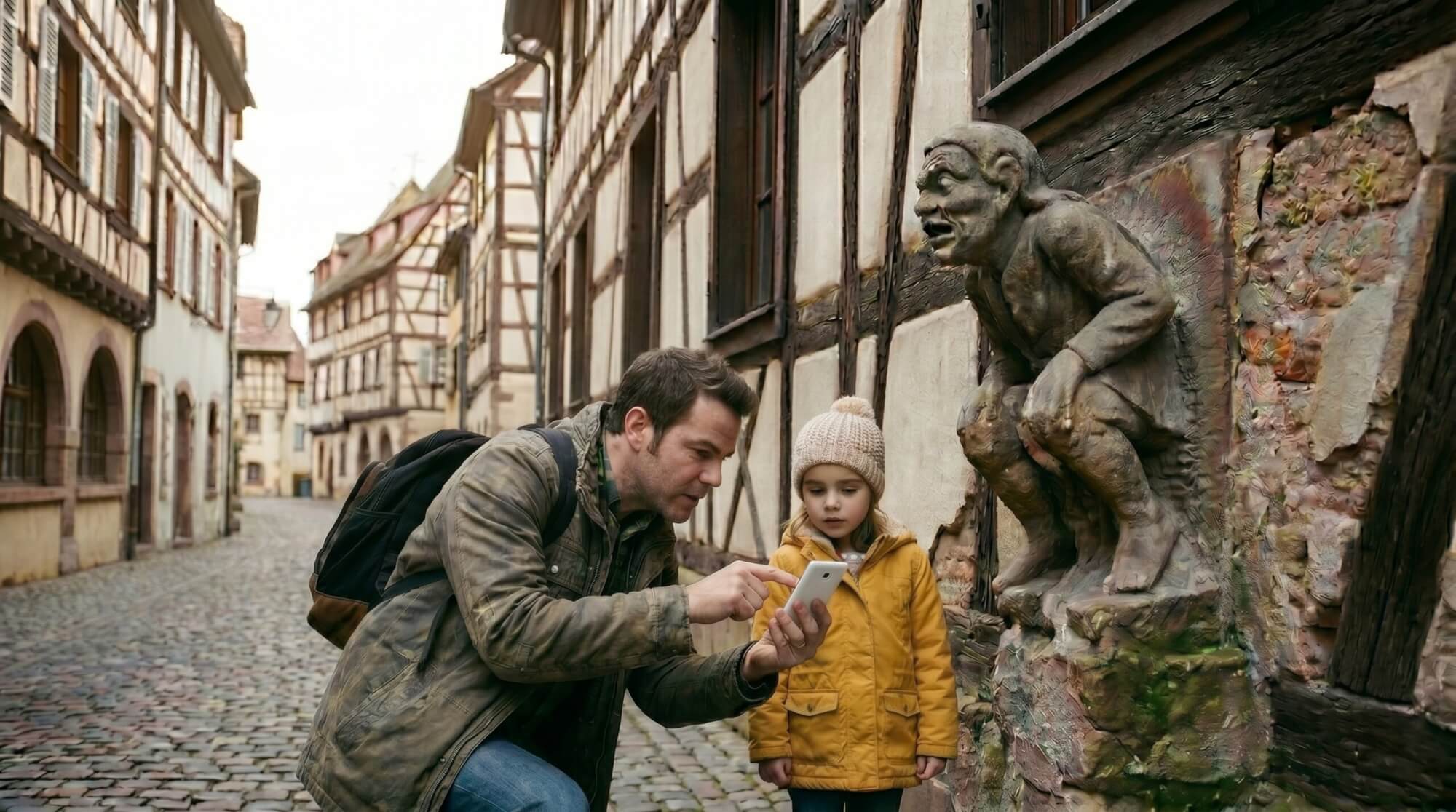 Visiteurs decouvrant une sculpture dans une rue ancienne